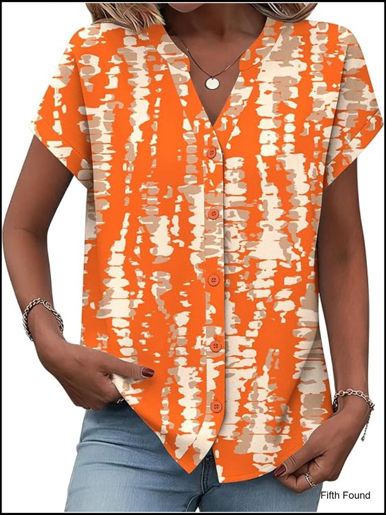 Short Sleeve V-Neck Blouse Button Down Shirt Business Casual Tops